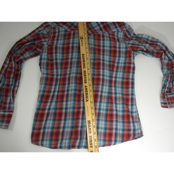 Ariat Shirt Womens M Red Blue Plaid Pearl Snap Western Embroidered Rodeo Cowgirl - Picture 10 of 13
